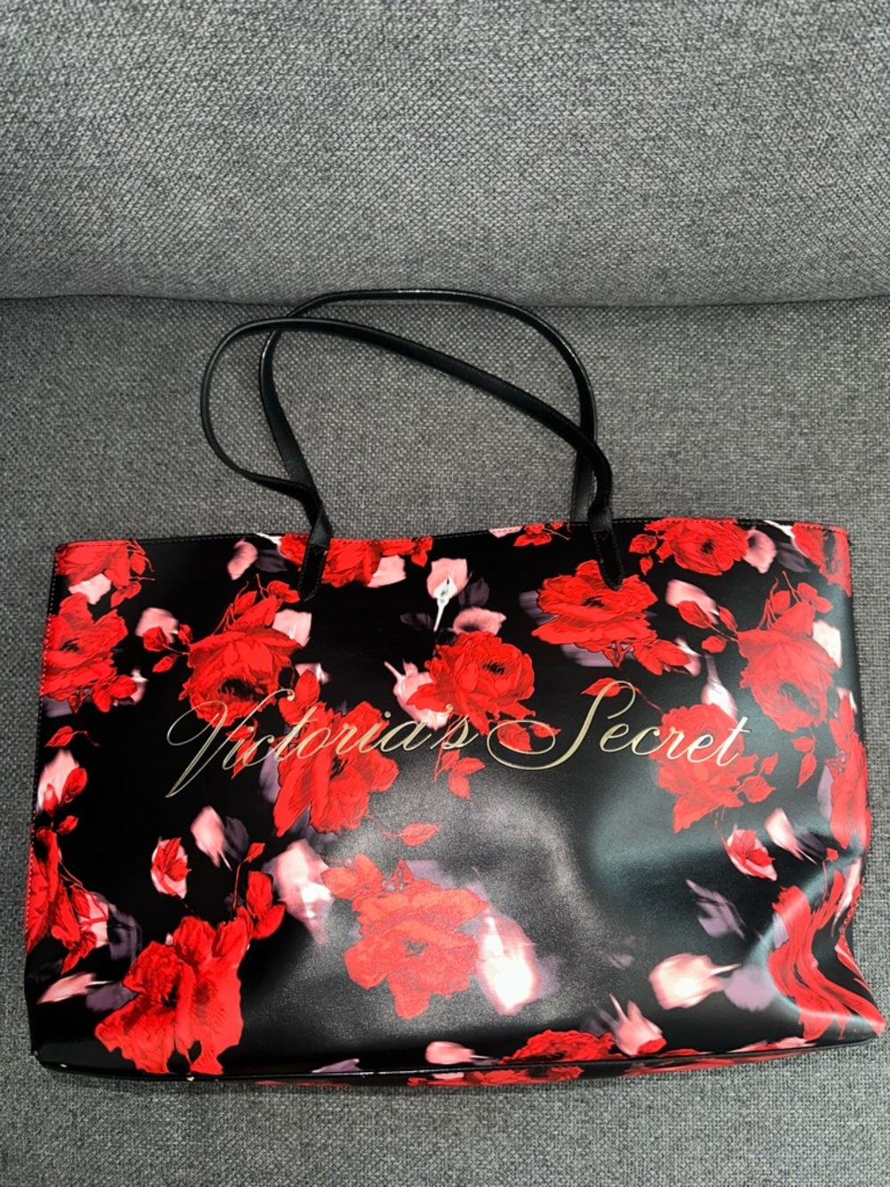 Victoria's Secret Black leather Tote with Red Floral Design and Gold Logo